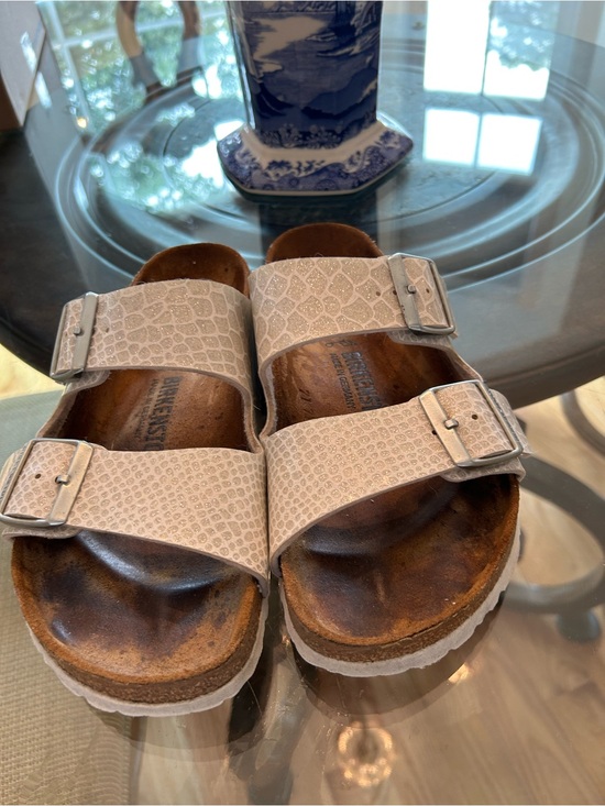 Birkenstock Shoes - Birkenstock Arizona Two-Strap Sandals in Light Beige Croc-Embossed